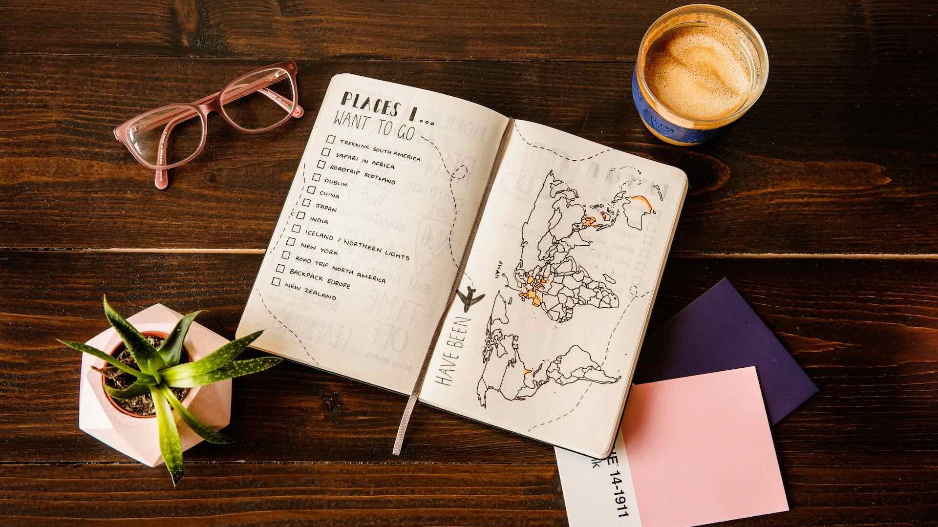 Travel notebook with glasses coffee and notepad on table. Solo travel checklist. 