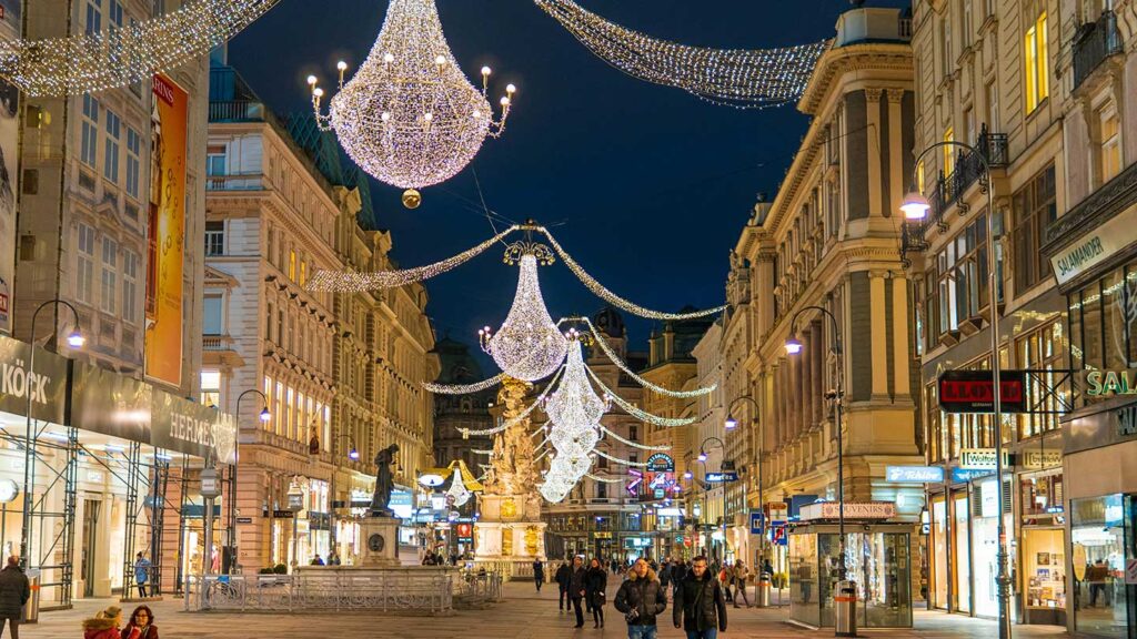 Street in Vienna, Austria, with Christmas decorations.