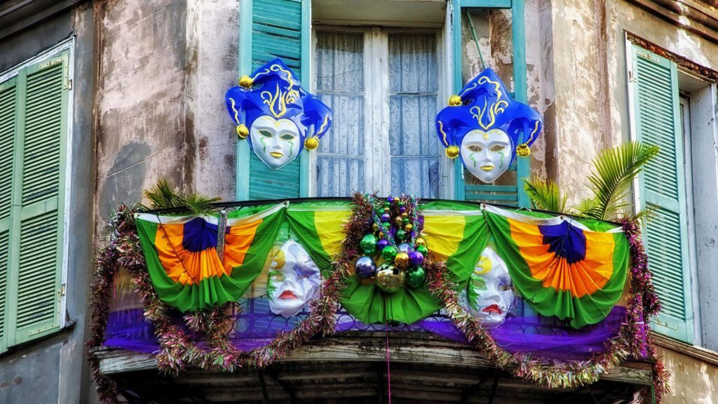 The buildings get dressed up at Mardi Gras in New Orleans
