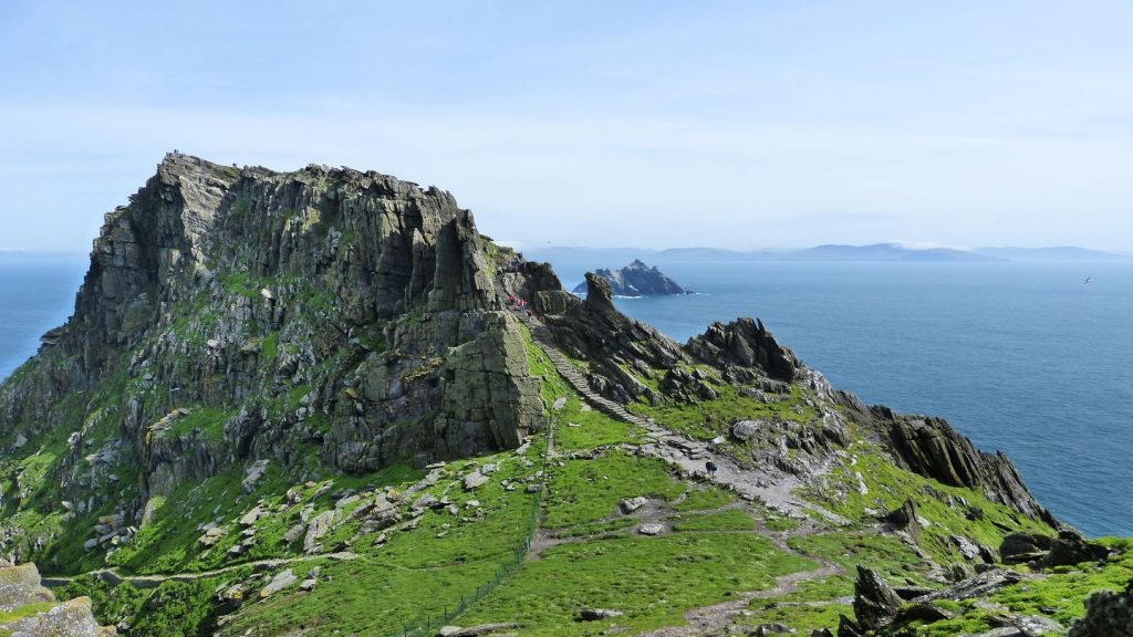 The view from the top of a mountain overlooking the ocean is reminiscent of famous Star Wars filming locations.