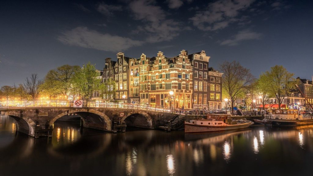 amsterdam bridges illuminated at night