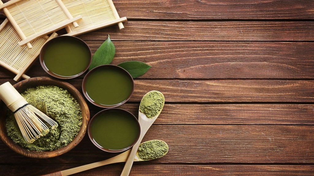 Japanese matcha green tea powder and drink